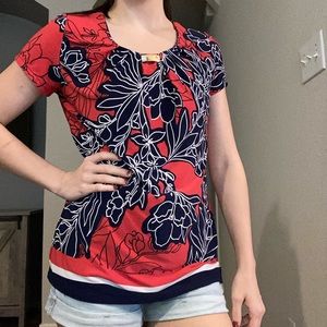 Red blue floral blouse top